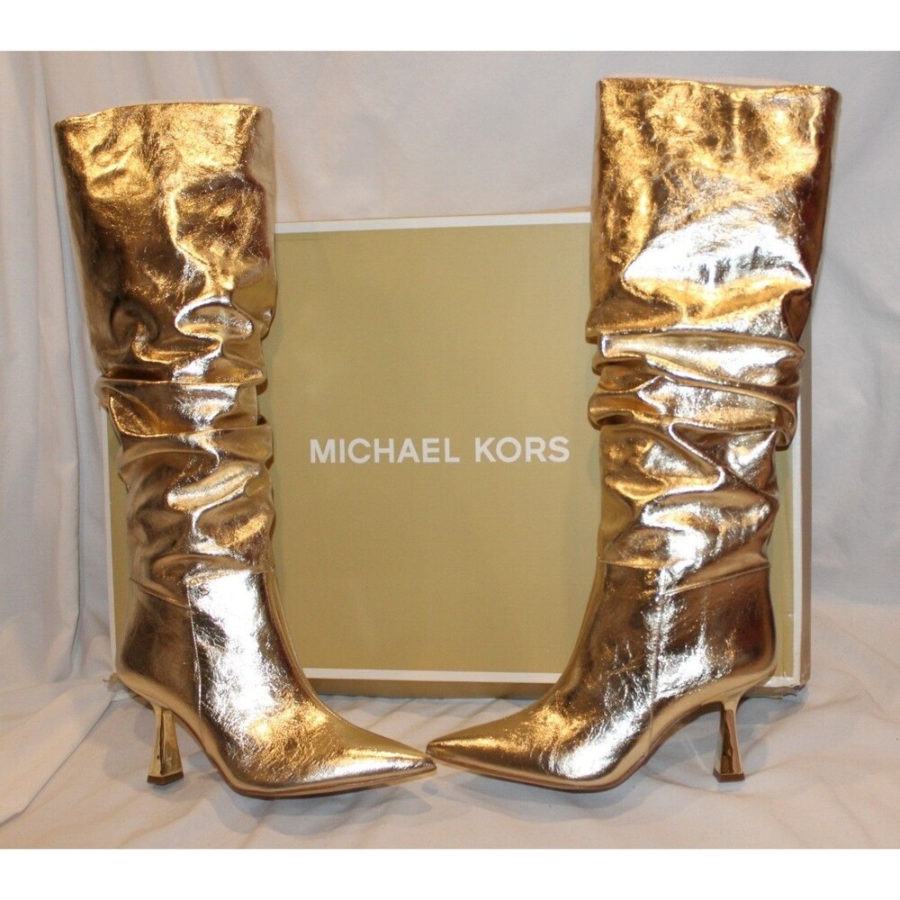 Michael Kors Women's Cracked Metallic Leather Tall Boots Gold NIB SZ 8.5